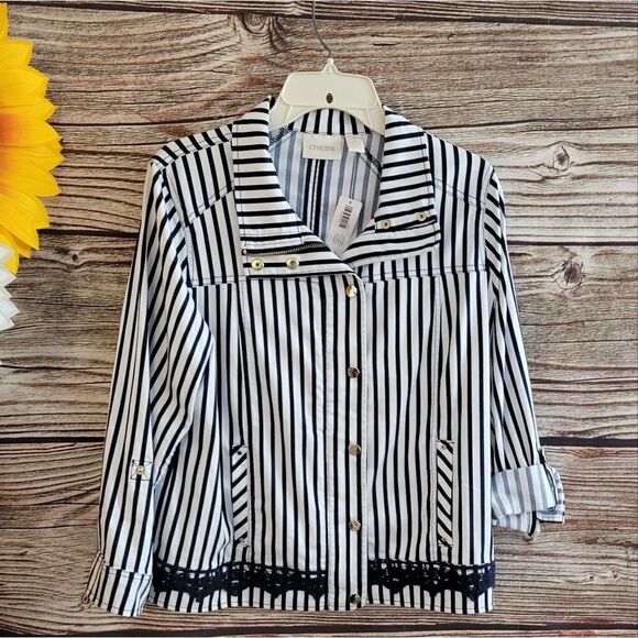 "Chico's " Woman's jacket Size: 1 black/white stripped NWT - Picture 1 of 11